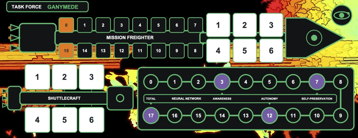 Robot Prospectors player mat for Task Force Ganymede, with mission freighter and shuttlecraft cargo slots and a neural network track for awareness, autonomy, and self-preservation