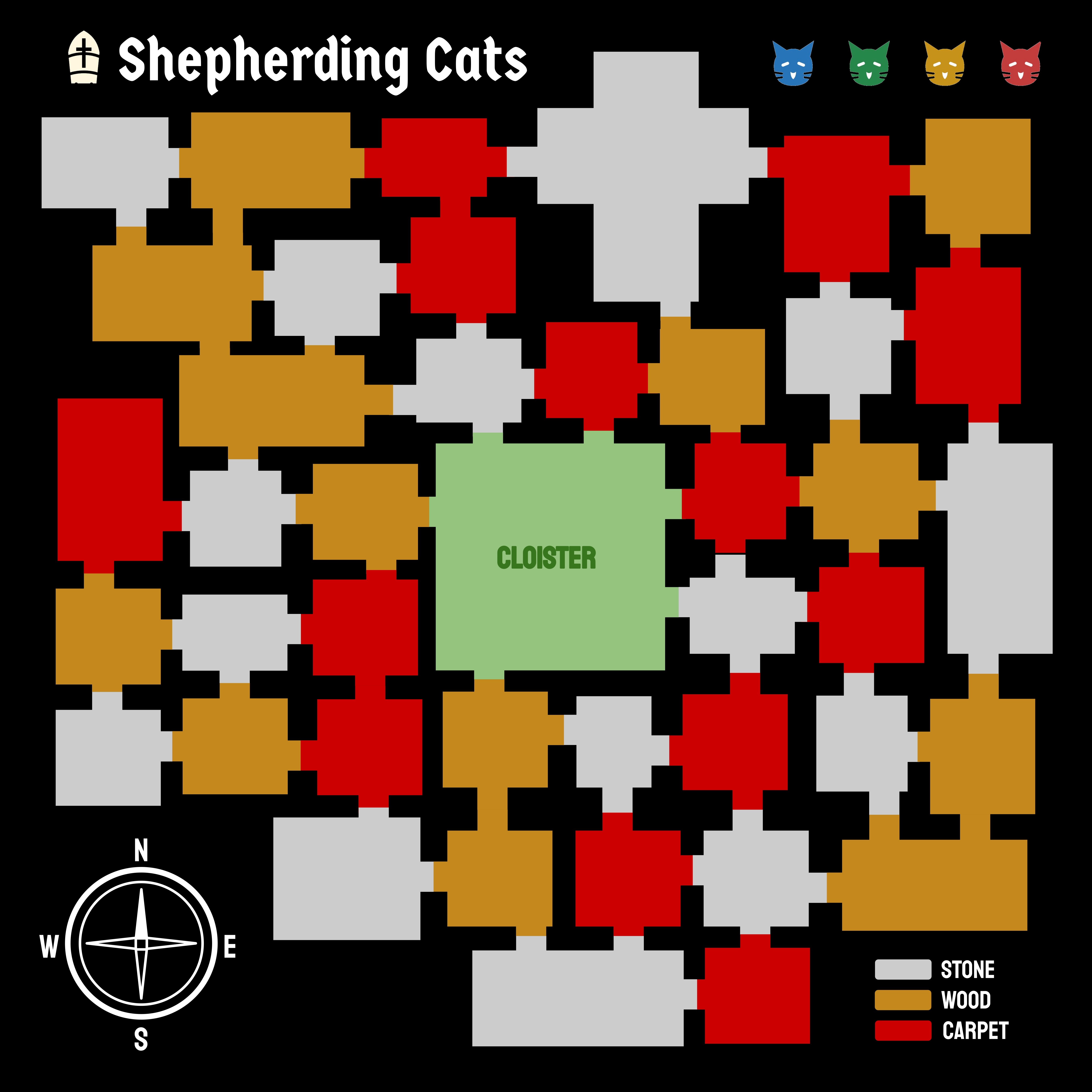 Current Shepherding Cats monastery board with connected rooms surrounding a green central cloister