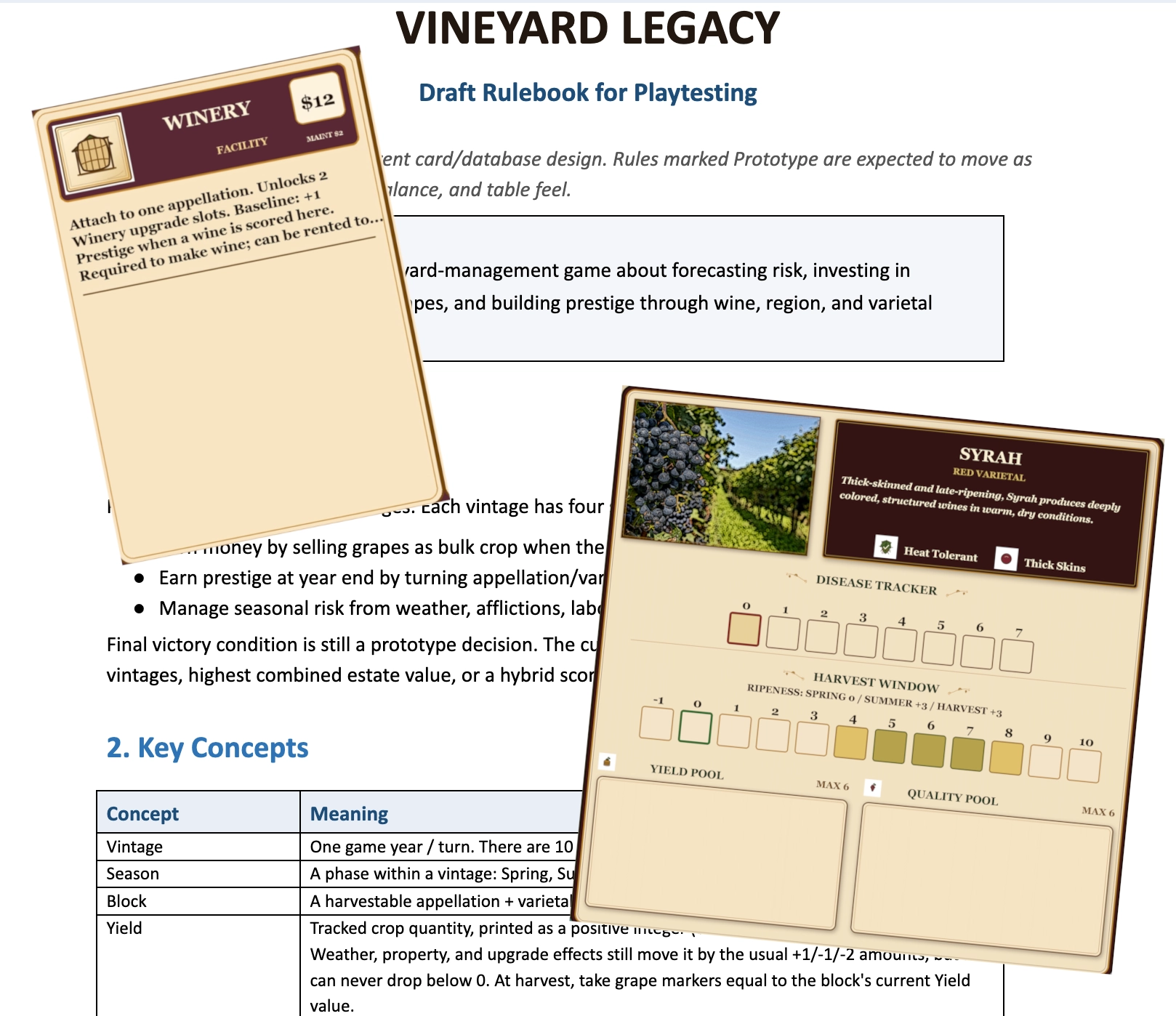 Winery facility card and Syrah varietal mat from the Wine Country Dynasty tabletop prototype